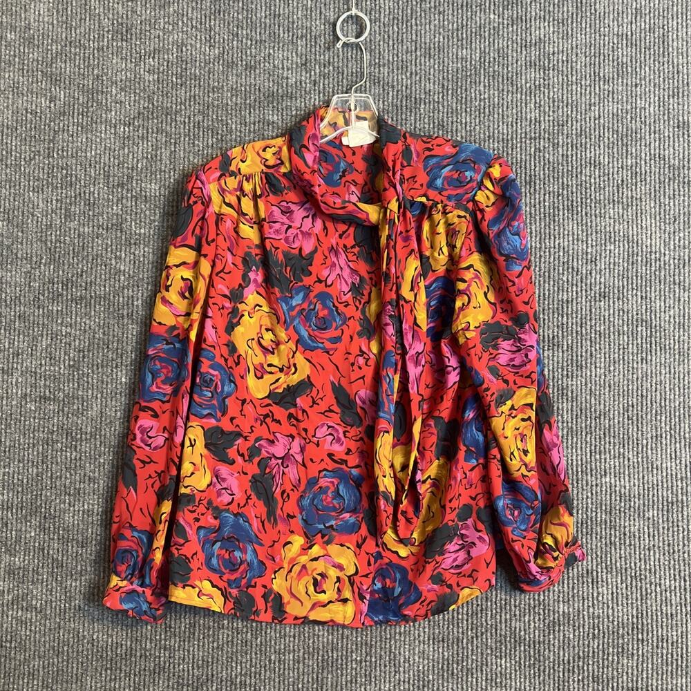 Vintage Rhonda Lee Womens Button Up Blouse Size 16 Tie Neckline Sheer Floral